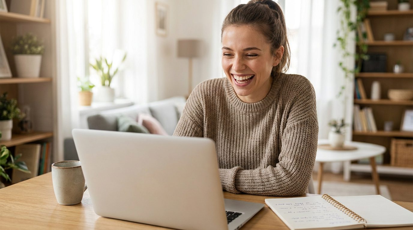 Una persona sonriendo mientras estudia en un portátil con un cuaderno y un café cerca