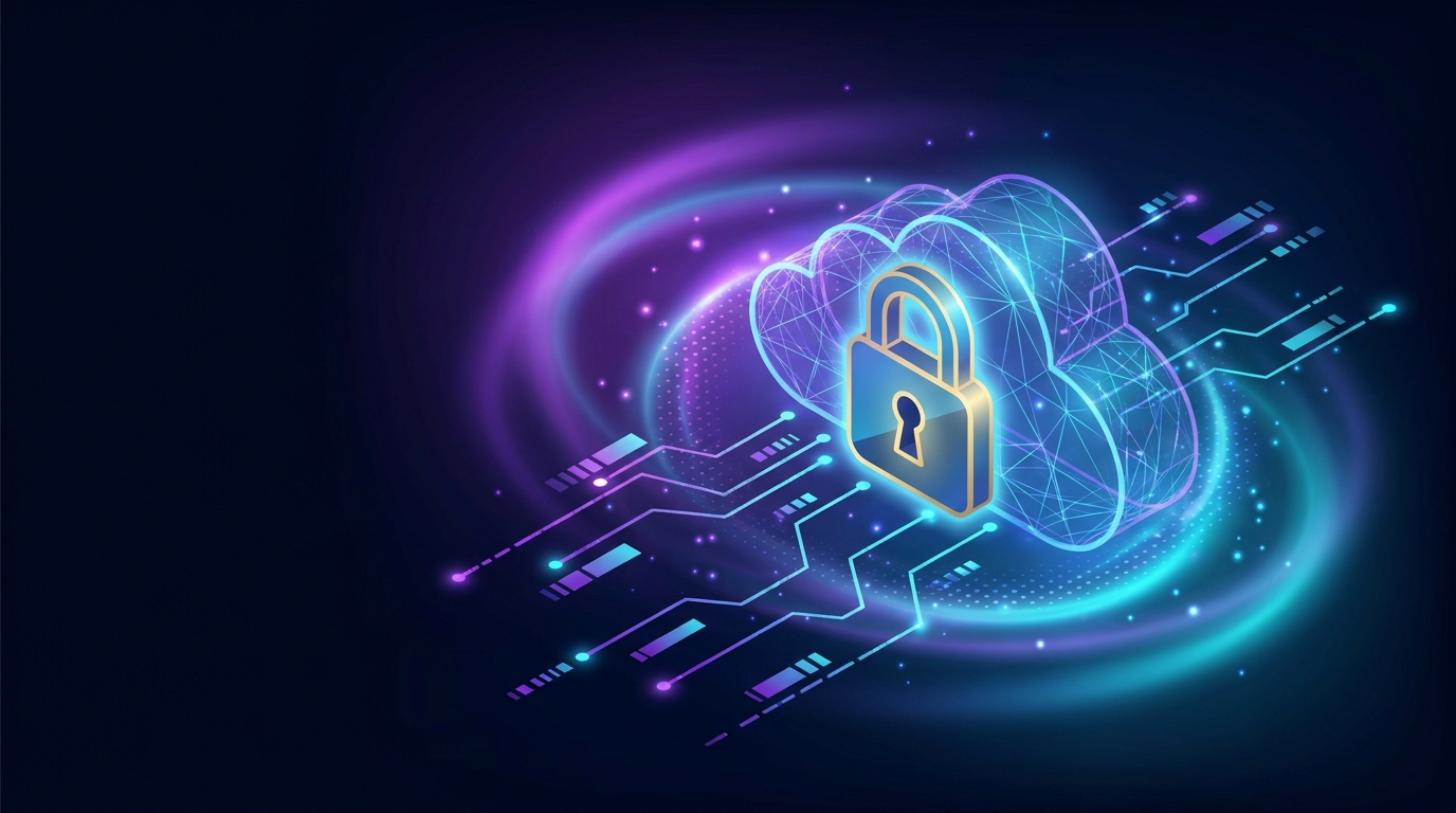A padlocked cloud database with data streams cut off, symbolizing locked-in marketing data on cancellation
