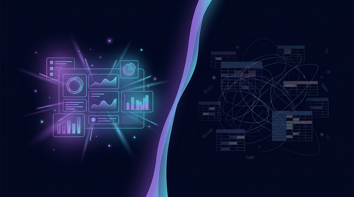 Split visual of a pristine data dashboard on one side and a tangled, messy spreadsheet on the other