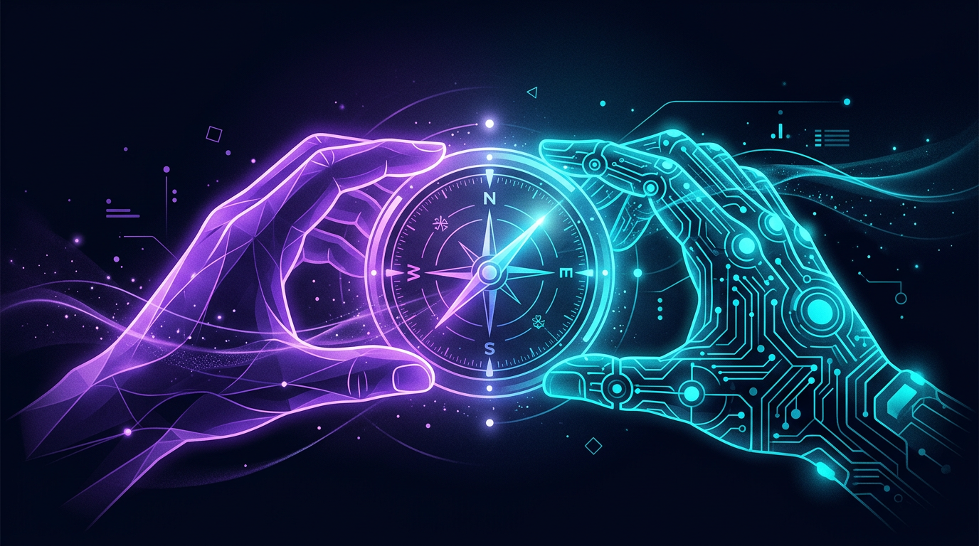 Abstract split visual showing a human hand and a digital circuit hand jointly steering a compass, representing hybrid AI and human marketing oversight.