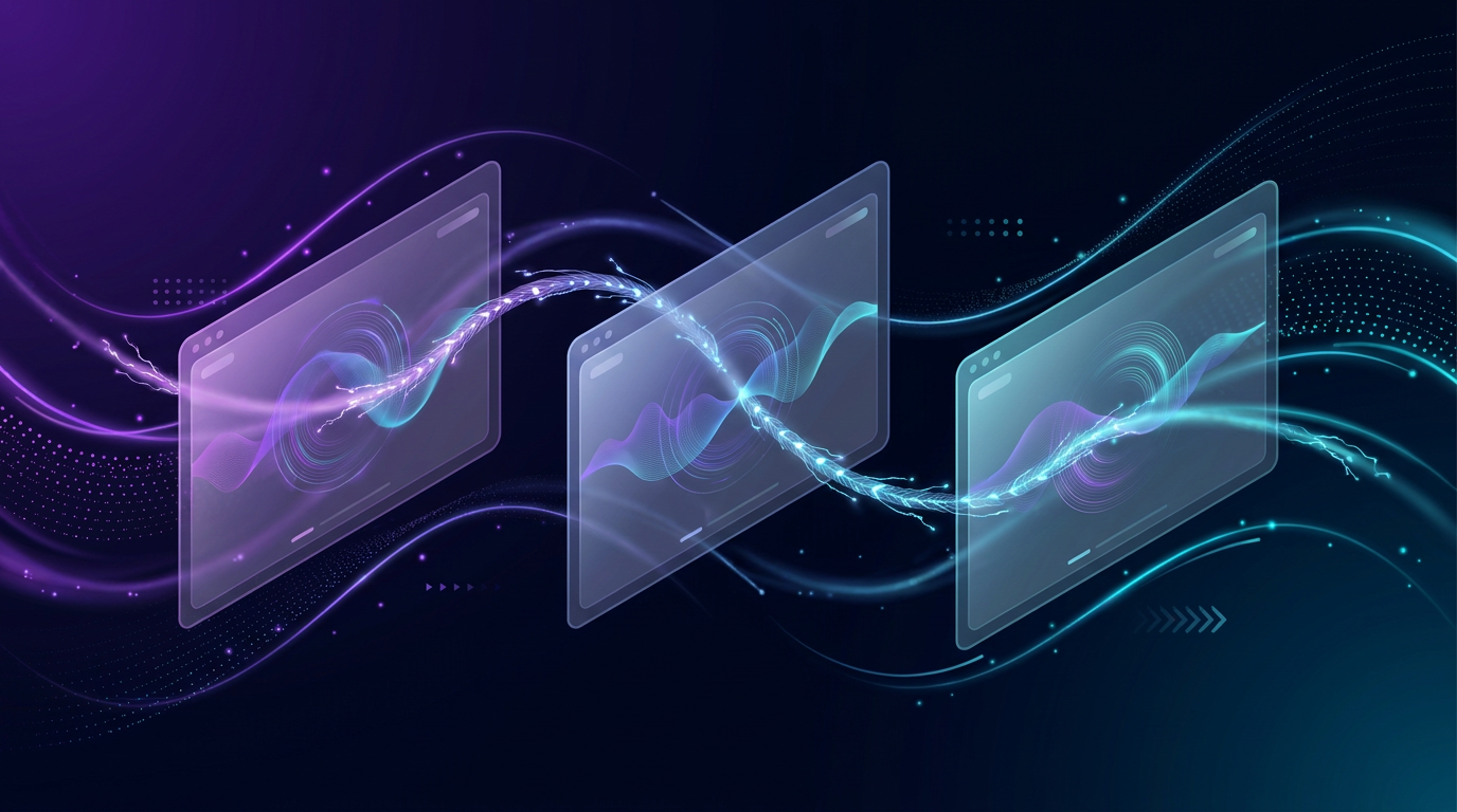 Three parallel screens showing the same marketing message rendered in subtly different tones, connected by a single frayed thread.